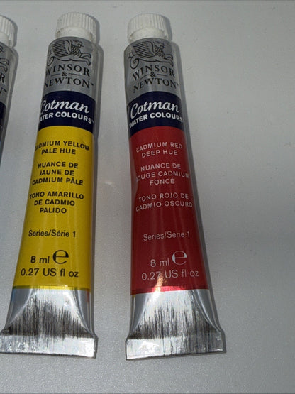 Combo Lot Of 3 Winsor & Newton Cotman Water Colours, 8ml, Red, Yellow, Blue