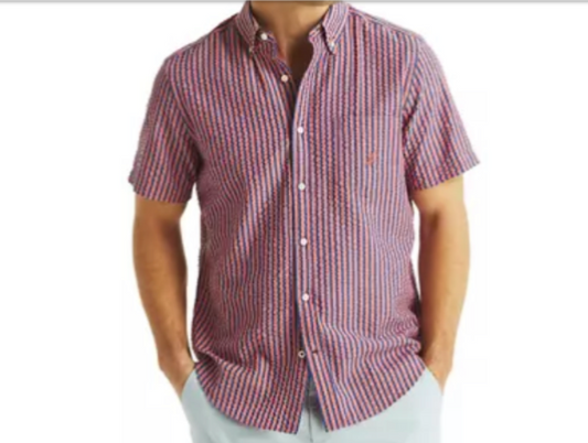 $70 Nautica Men’s Striped Seersucker Shirt -A Rose Coral - Small - New with tags