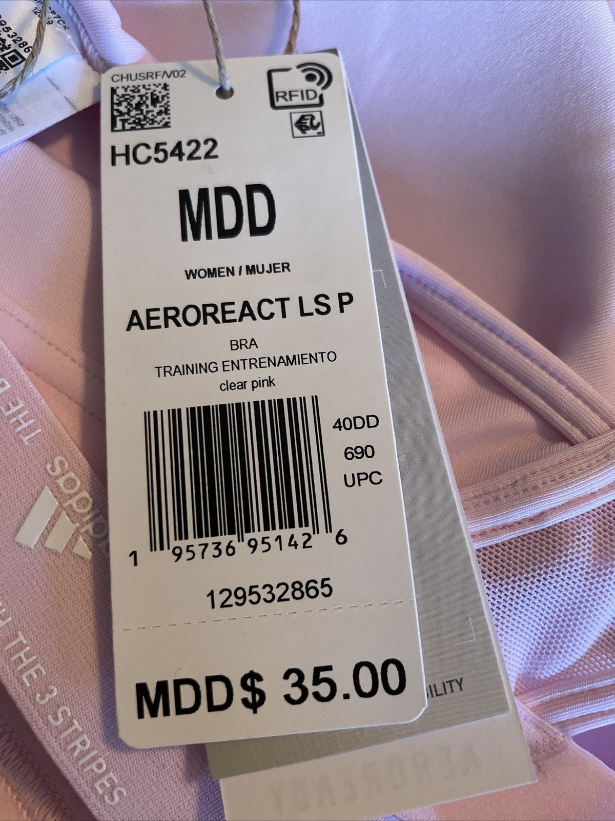 Adidas Aeroreact Training Light-Support Padded Bra- Clear Pink- MDD - New$35