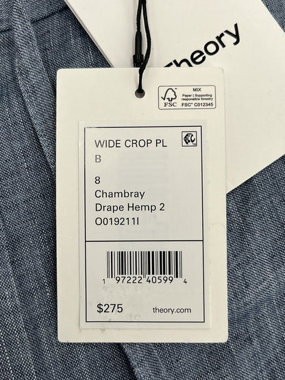 $275 Theory Women’s Wide Leg Cropped Chambray Drape Hemp Pants-Blue-Size: 8  New