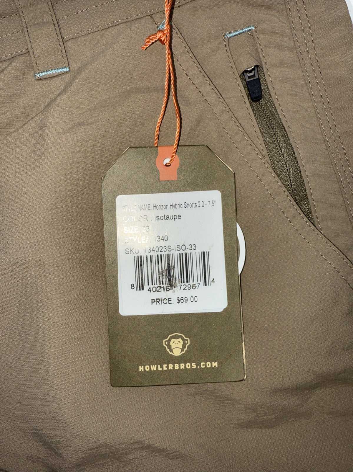 $69 Howler Bros Men's Horizon Hybrid Shorts 2.0 7.5" Inseam- Isotaupe- 33W - New