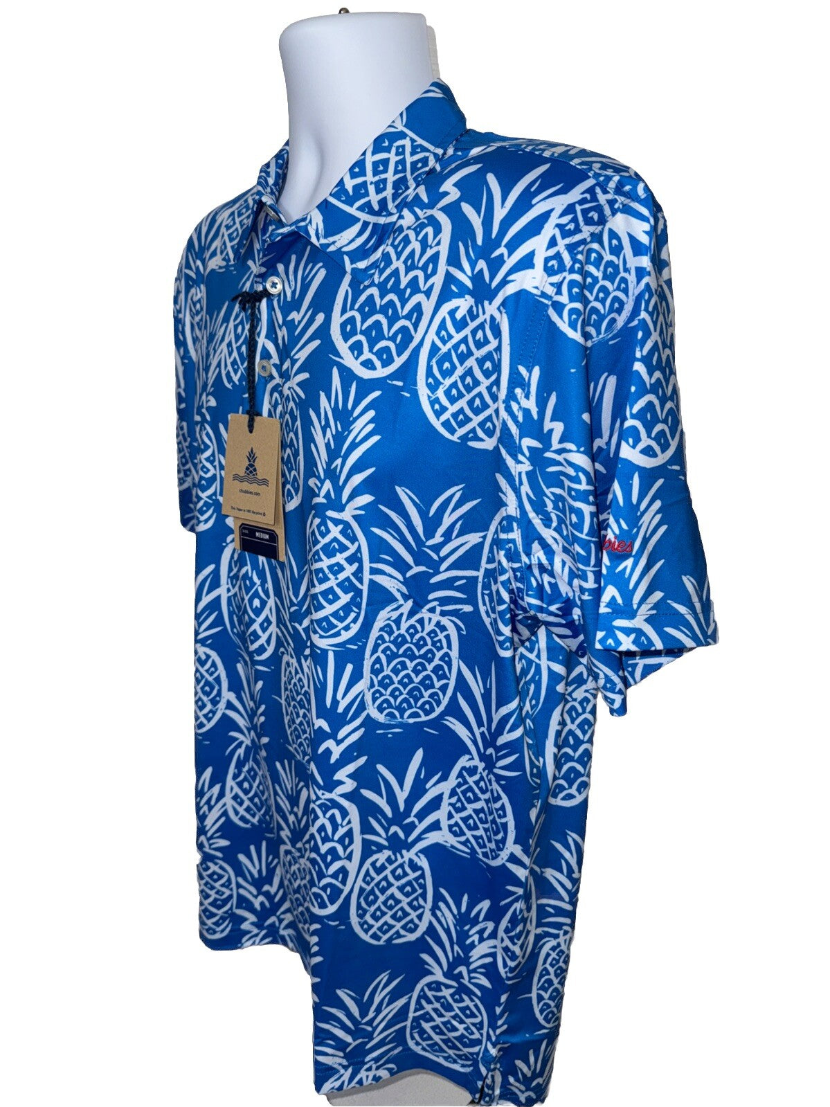 Chubbies Men's The Thigh Napple Performance Polo Shirt-Blue Pineapple-Medium-New