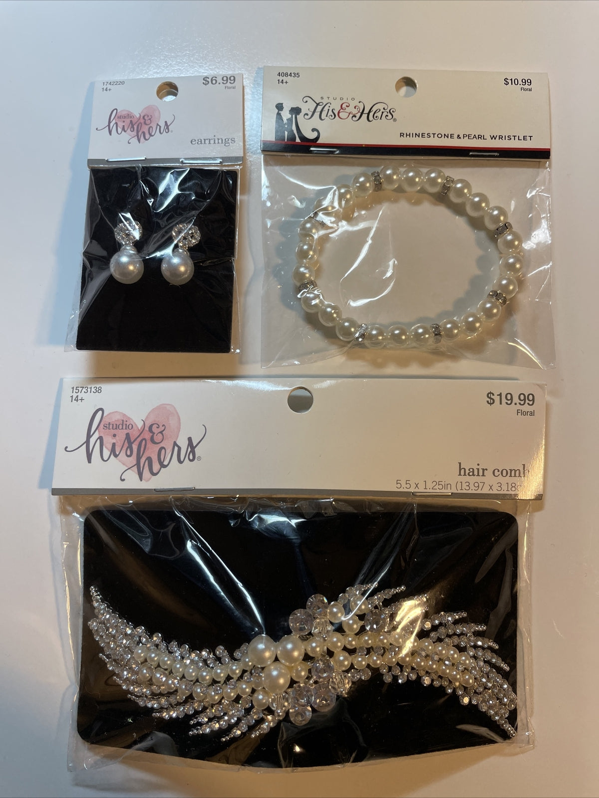 Combo Lot 3 PCs Studio His & Hers WEDDING Set: EARRING - HAIR COMB - Bracelet