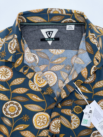 $70 Vissla Men’s Woven Medallions Eco Button Down Shirt - Blue/Gold - Small-New