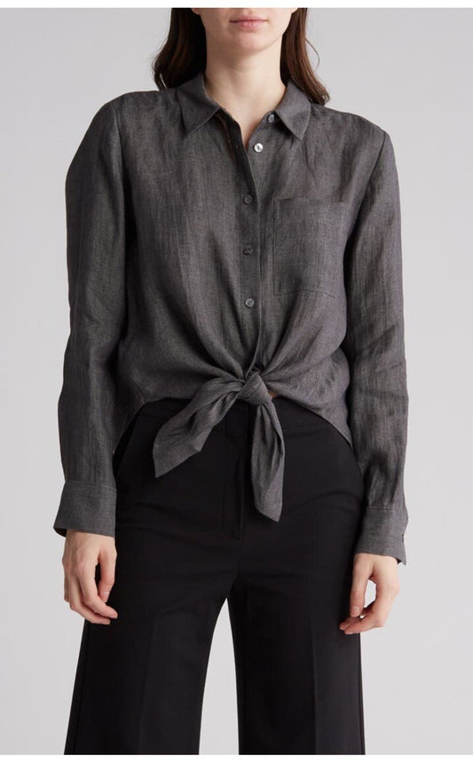 $375 Theory Women’s Hekanina Tie-Front Drape Hemp Shirt-Pewter-Medium-New Tag