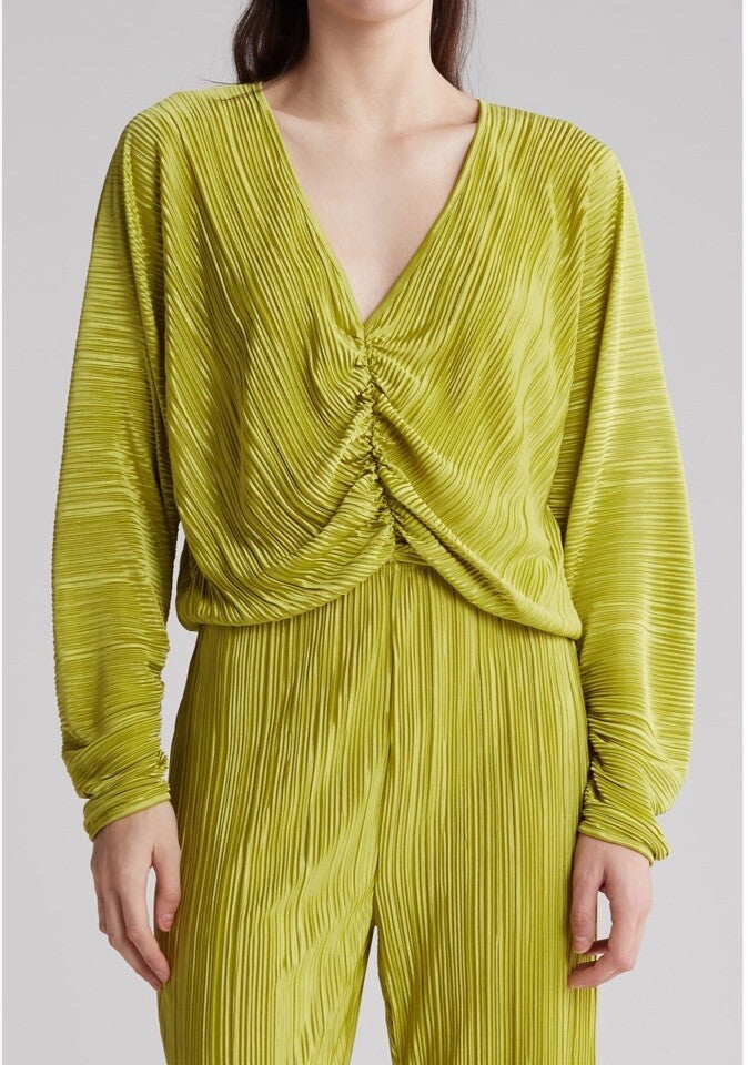 $129 Good American Women’s- Plissé Ruched Top Blouse Shirt- Chartrusse- Size 1/2