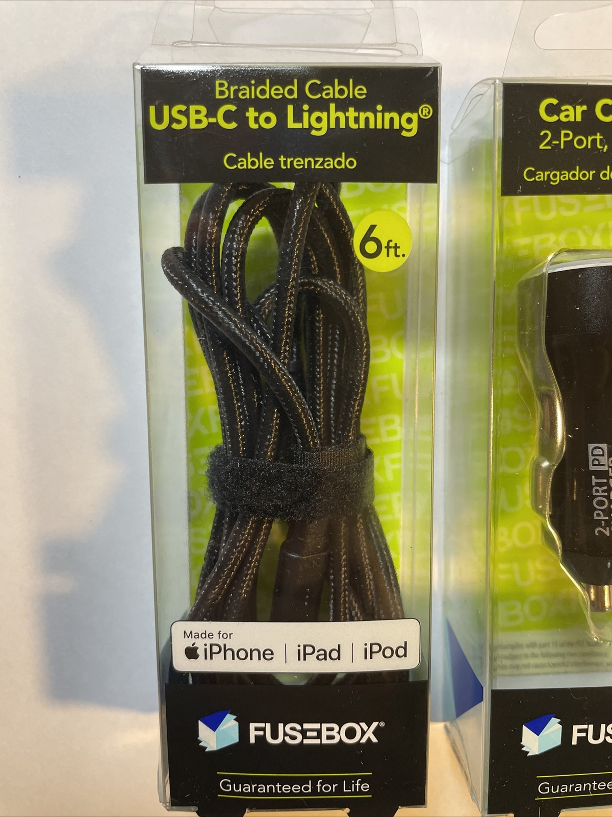 Combo Lot E Filliate, Fusebox 2 Port Car Charger Plus USB-C To Lightning 6ft