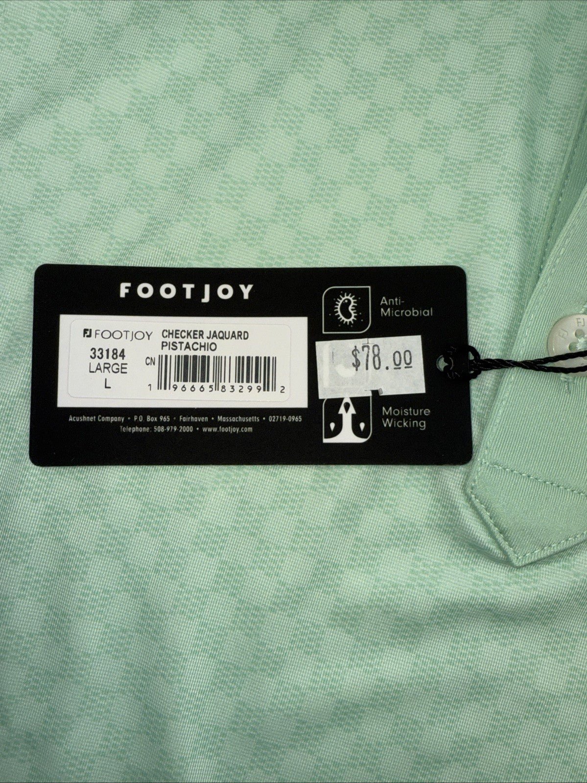 $78 FootJoy Men’s Golf Checker Jaquard Polo Shirt- Pistachio- Size Large-New