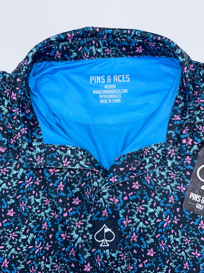 $70 Pins & Aces Fluorescent Floral Golf Polo- Blue/Pink - Medium - New With Tag