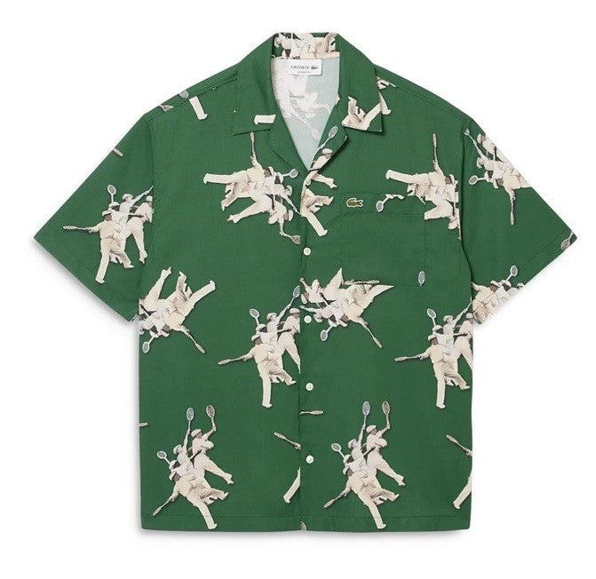 $140 Lacoste Men's S/Sleeve Rene Retro Graphic Print Camp Shirt-Green-Medium