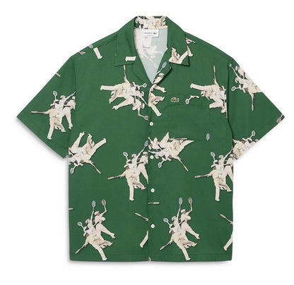 $140 Lacoste Men's S/Sleeve Rene Retro Graphic Print Camp Shirt-Green-Medium