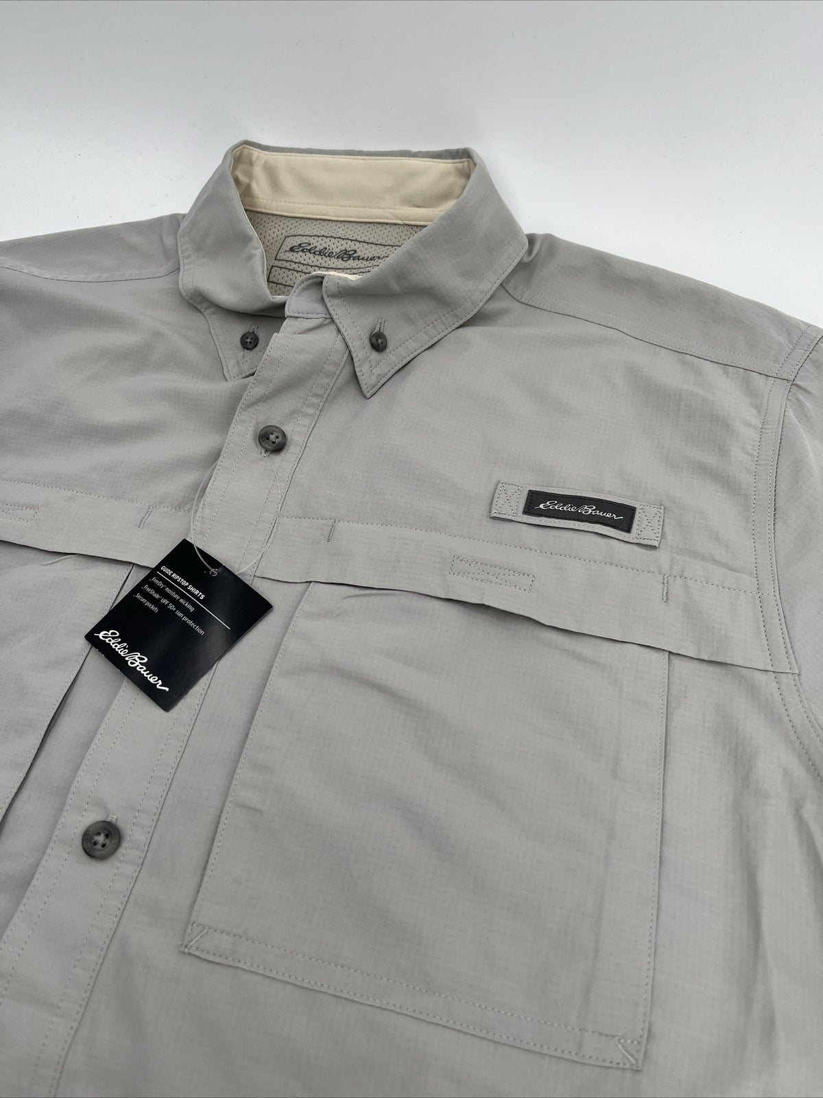 $60 Eddie Bauer Men's Ripstop Guide Short Sleeve Shirt-Light Gray-Medium-New