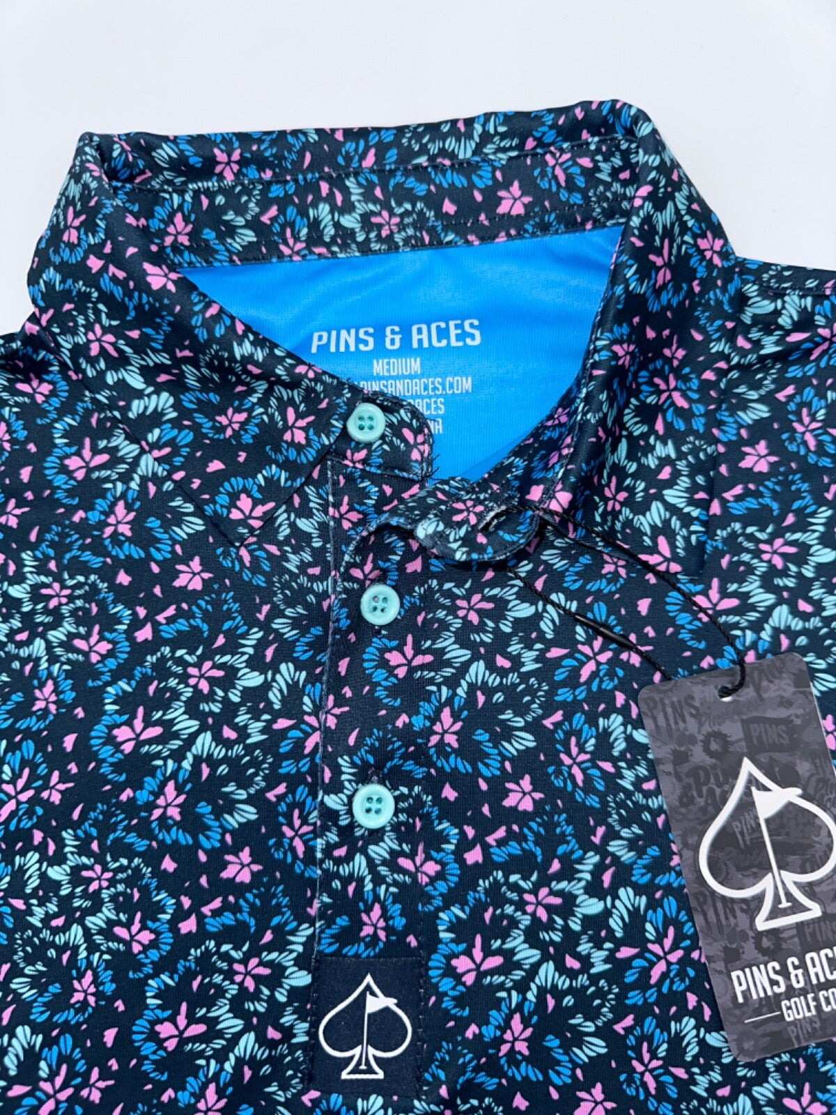 $70 Pins & Aces Fluorescent Floral Golf Polo- Blue/Pink - Medium - New With Tag