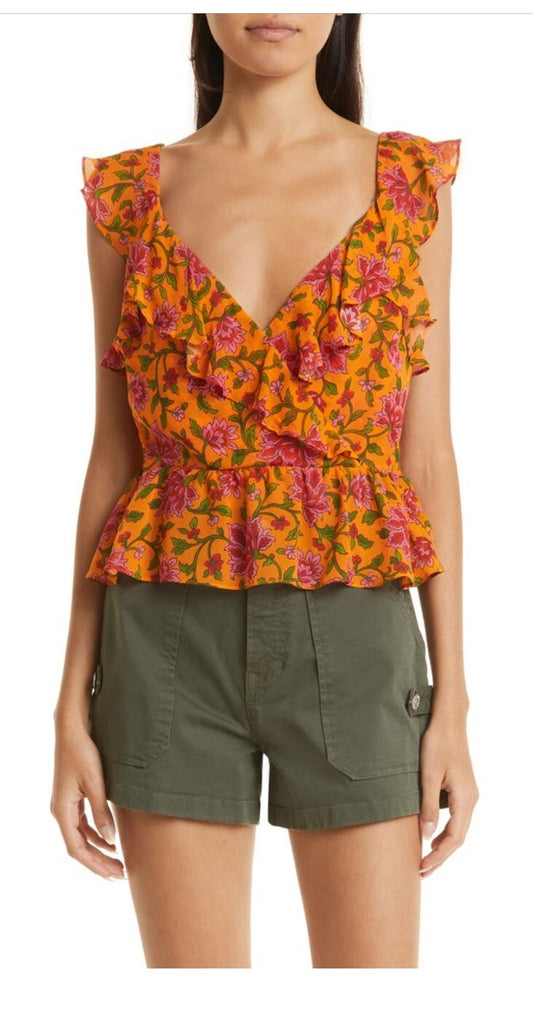 Veronica Beard Randa Floral Surplice Silk Top- Orange Floral-Size: 8 - Tags $378