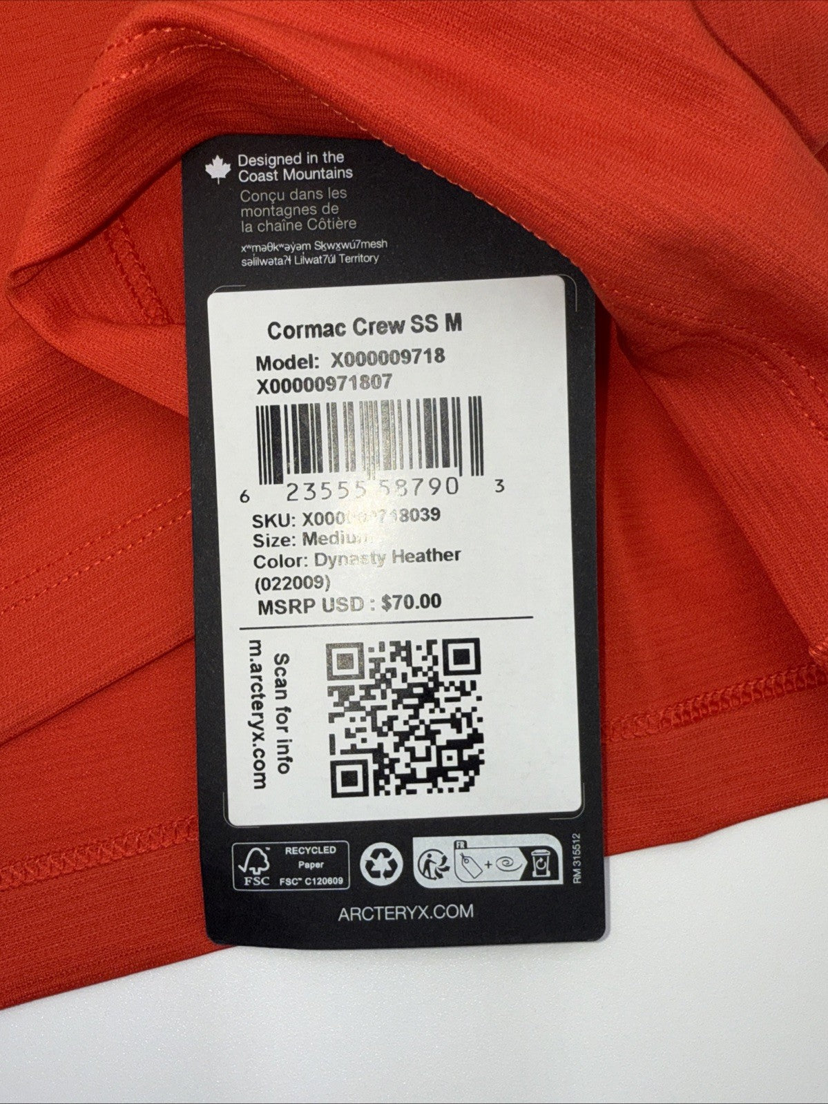 $70 Arc'teryx Men’s - Cormac Crew Logo Shirt S/S Tee T-shirt-Dynasty-Medium-NEW