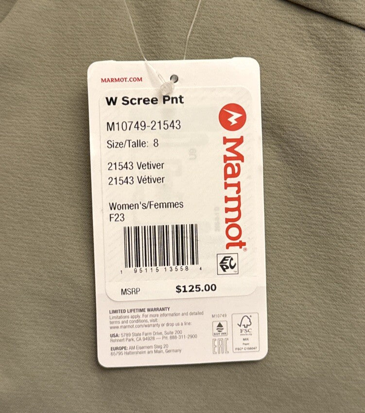 $125 Marmot Women's Scree Pants- Vetiver-Size 8 - NWT