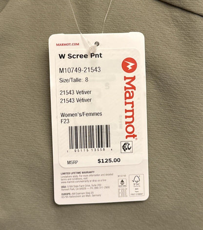 $125 Marmot Women's Scree Pants- Vetiver-Size 8 - NWT