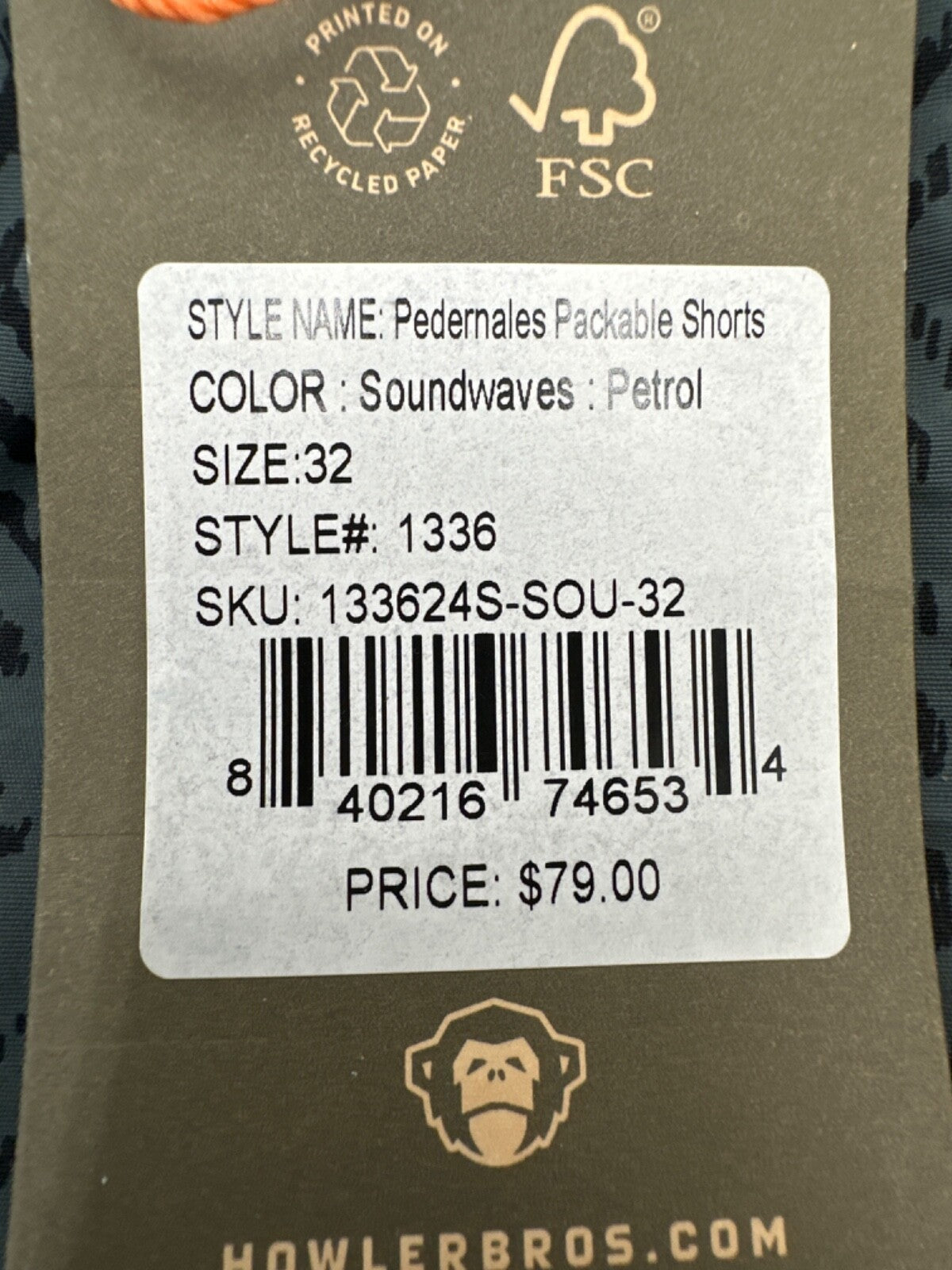 $79 Howler Brothers Men’s Pedernales Packable Short 7” - Soundwaves Petrol - 32W