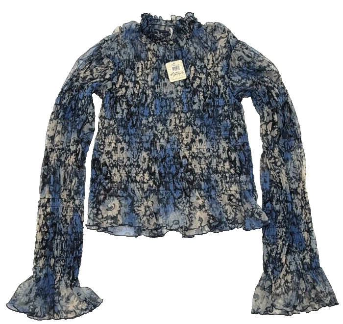 $88 Free People Women’s-Sheer Blouse Shirt-Blue Combo- Medium-New Tag