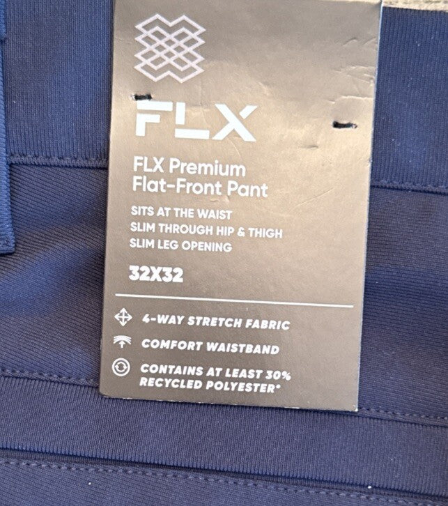 FLX Men’s Premium Slim Flat Front Pants- Navy- 32W 32L - New Tags