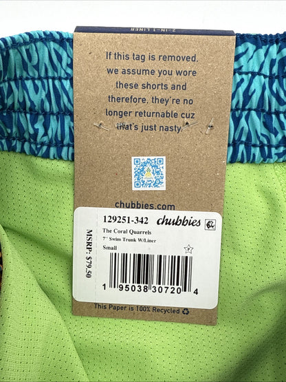 $80 Chubbies Men’s The Coral Quarrels 7” Swim Trunk Liner Shorts-Aqua - Small