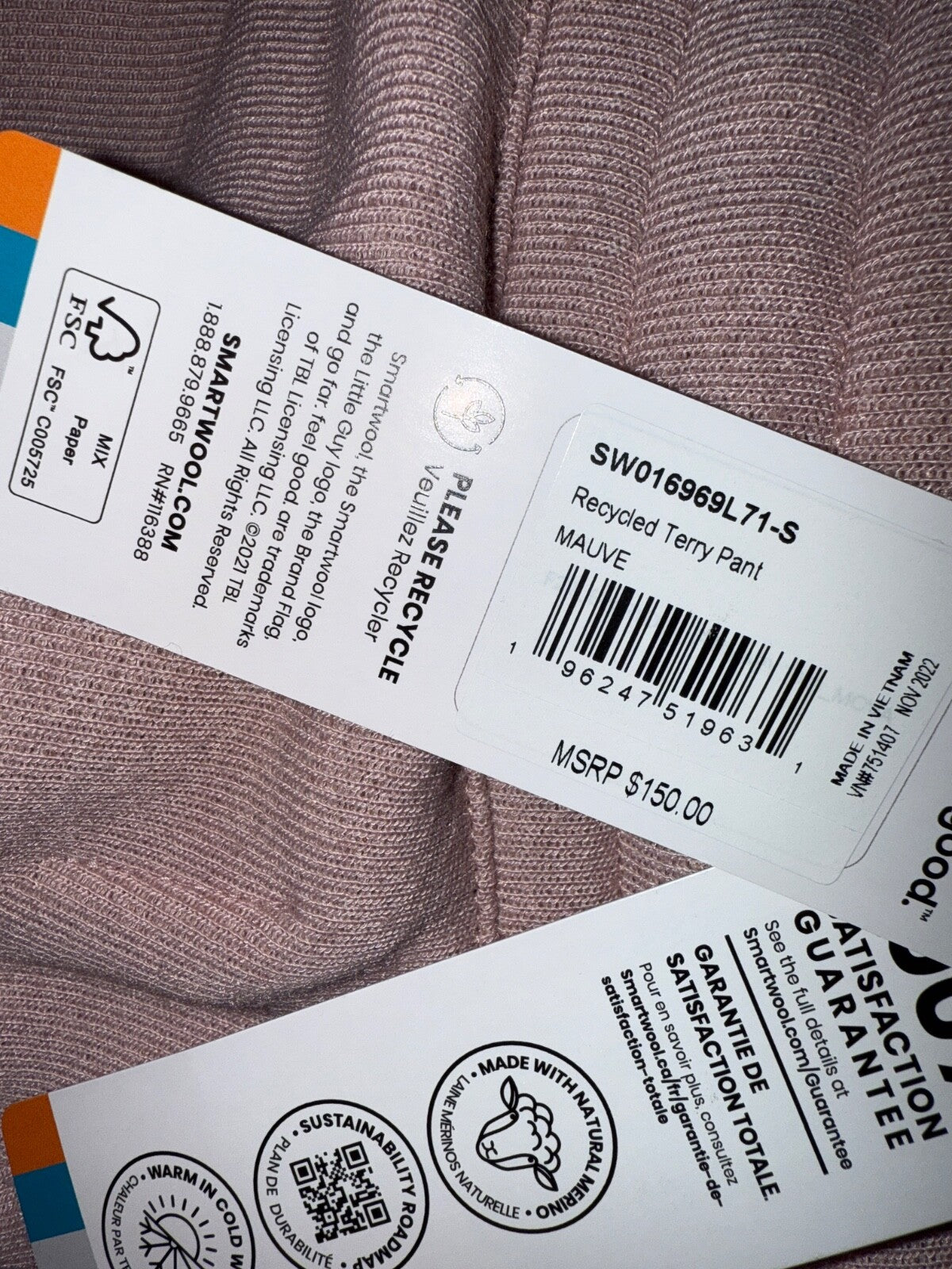 $150 Smartwool Men’s-Recycled Terry Pants- Mauve- Small- New Tag