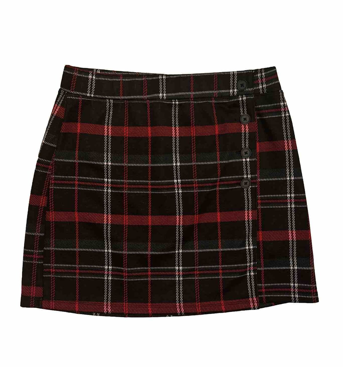 SO® Women’s Junior’s Side Buttoned Faux Wrap Mini Skirt -Red Black Green- Medium