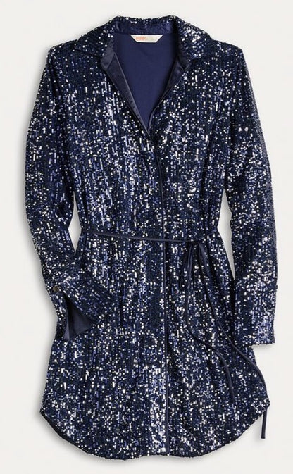 $69 Intempo Women’s-Sequin Button Up Dress-Navy Sparkly -Medium-New With Tag