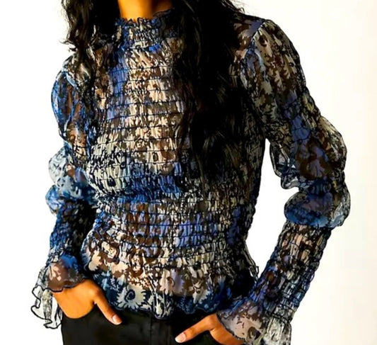 $88 Free People Women’s-Sheer Blouse Shirt-Blue Combo- Medium-New Tag