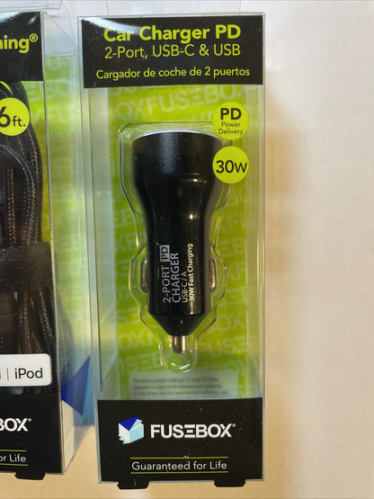 Combo Lot E Filliate, Fusebox 2 Port Car Charger Plus USB-C To Lightning 6ft