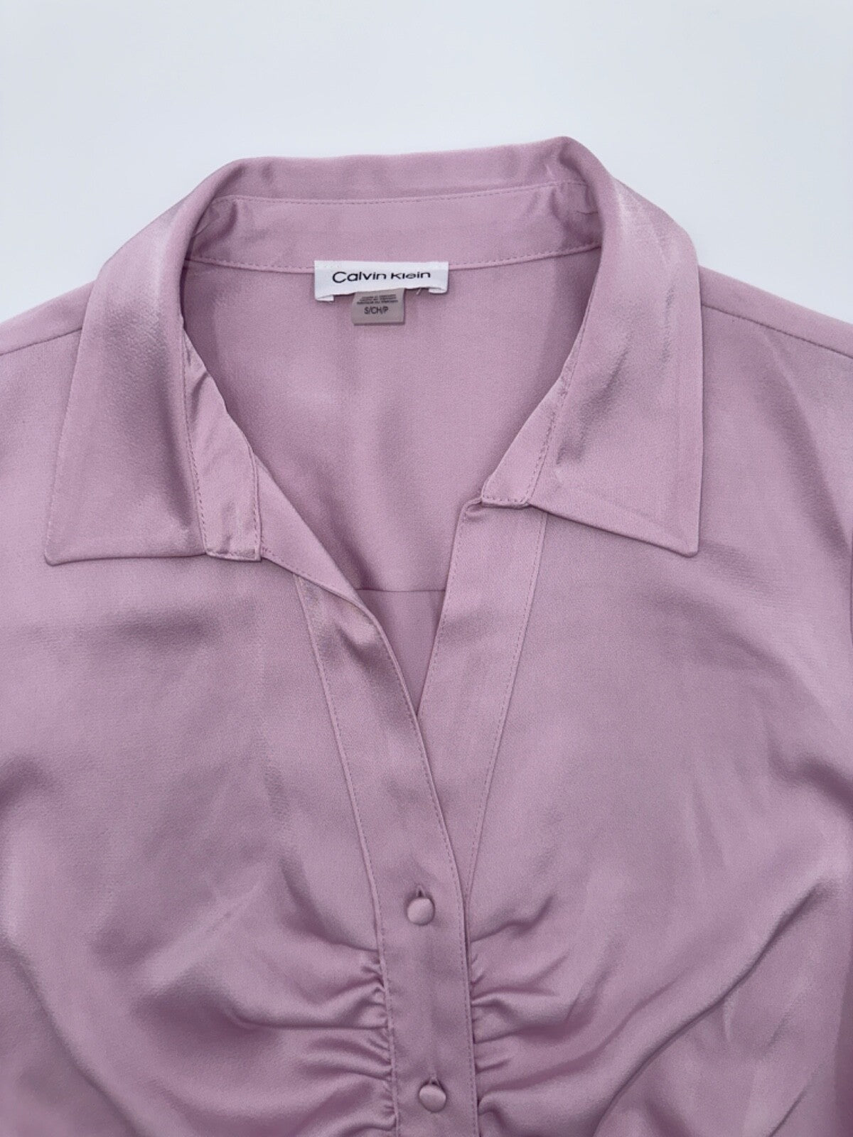$89 Calvin Klein Women's Ruched Long Slv Satin Button Up Shirt-Lavender -Small