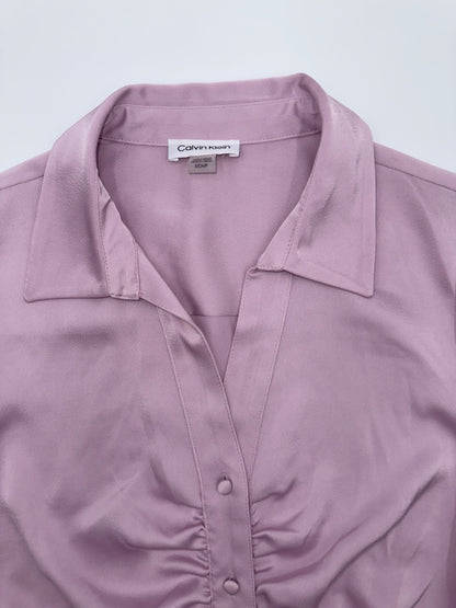$89 Calvin Klein Women's Ruched Long Slv Satin Button Up Shirt-Lavender -Small