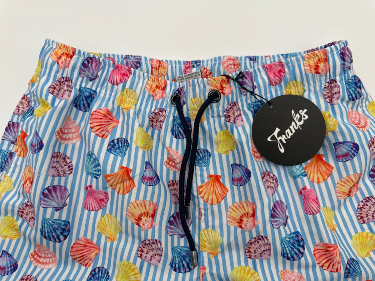 $80 Franks Men’s  6” Swim Shorts - Beachcomber Stripe- Medium- New with Tag