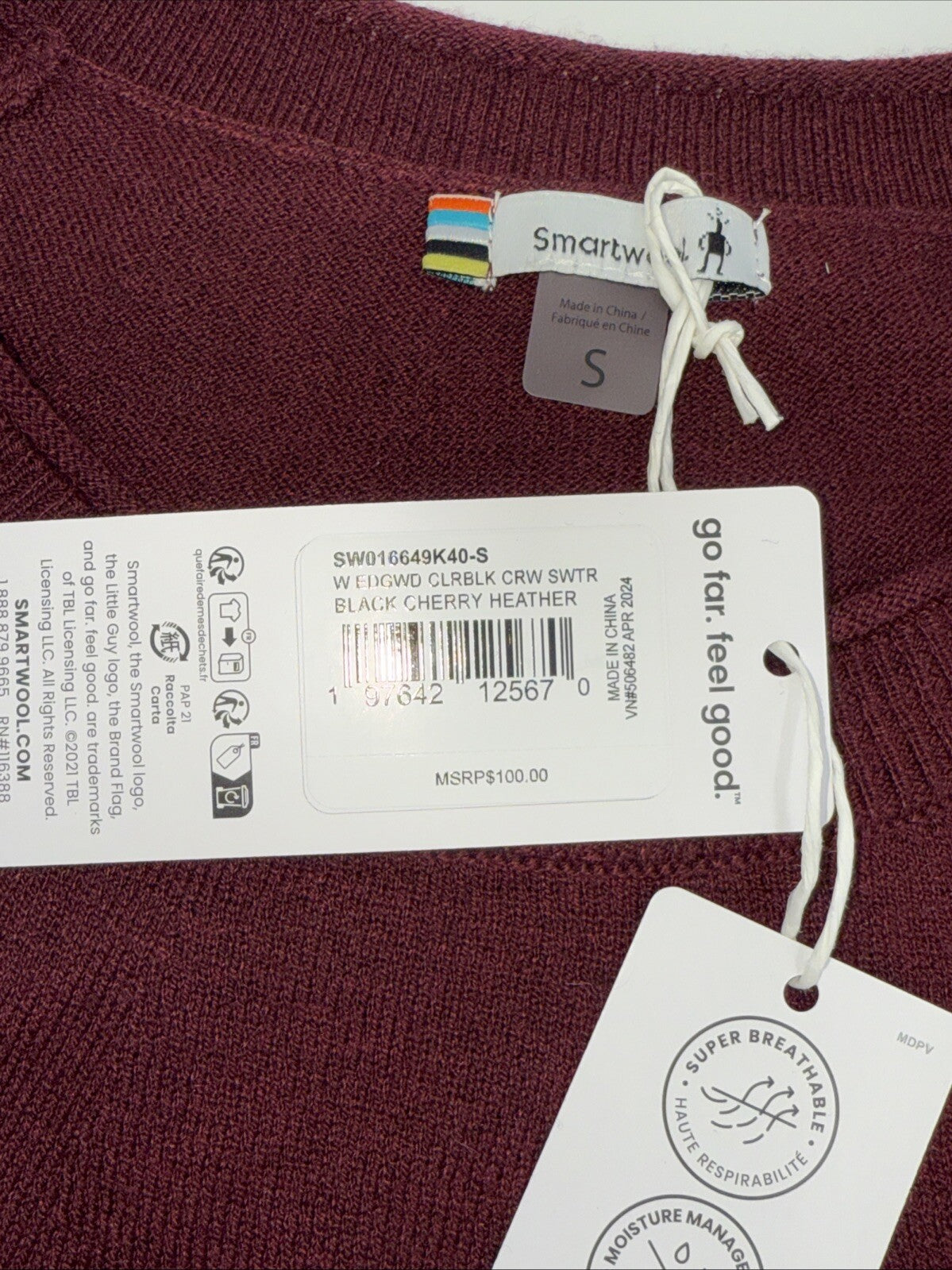 $100 Smartwool Women’s Colorblock Sweater-Cherry Heather (Maroon)-Small -New