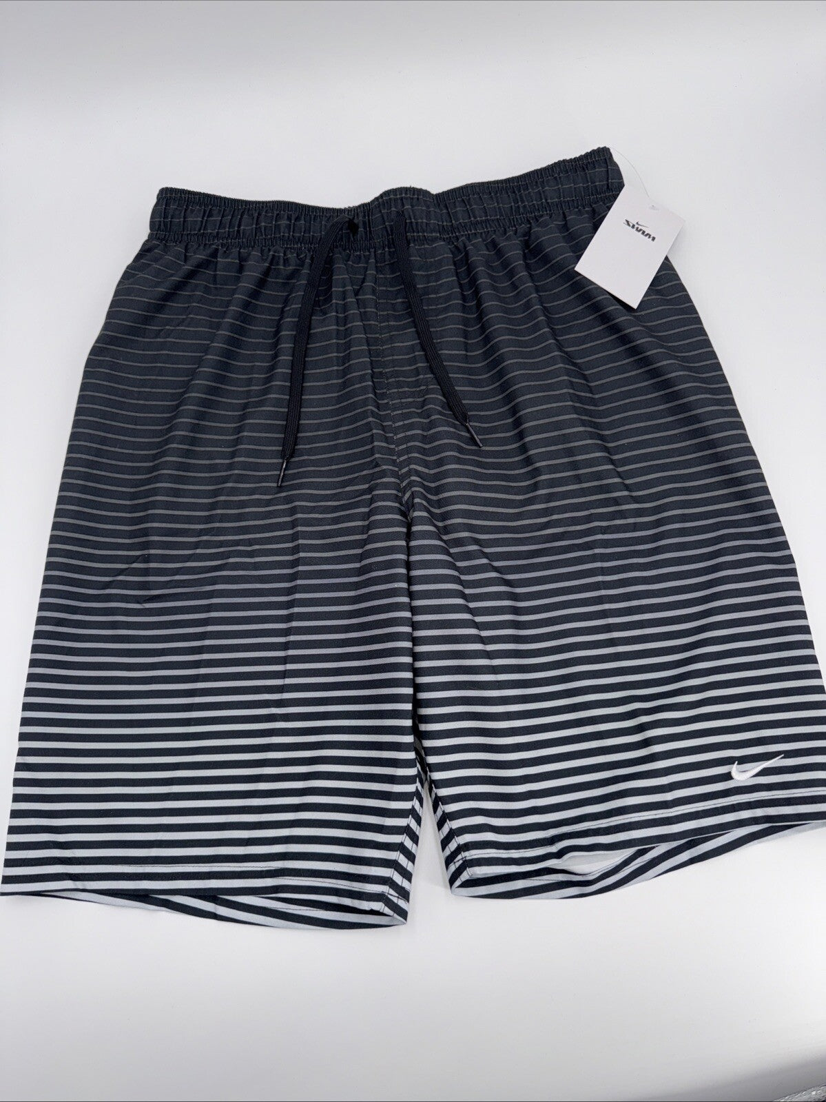 $58 Men's Nike Stripe 9" Swim Trunks- Black/Grey- Small- New with Tag