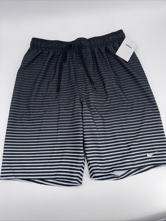 $58 Men's Nike Stripe 9" Swim Trunks- Black/Grey- Small- New with Tag