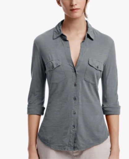 $165 James Perse Women’s Contrast Panel Shirt - Khaki PLM- Size: 0 (Small)- New