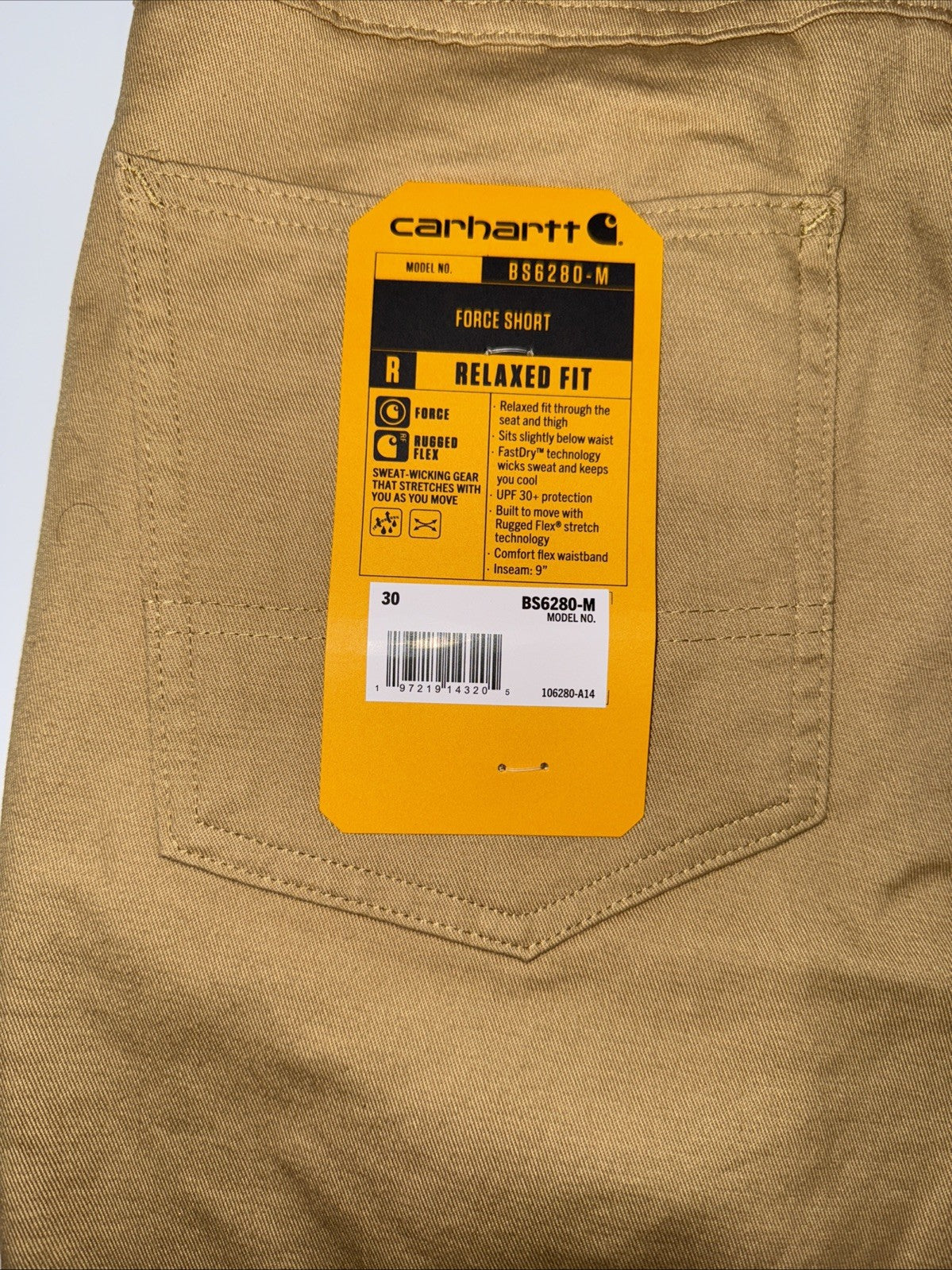 Carhartt Men's 106280 Force® Relaxed Fit Short - 9 Inch  - Golden Sand- 30W-New