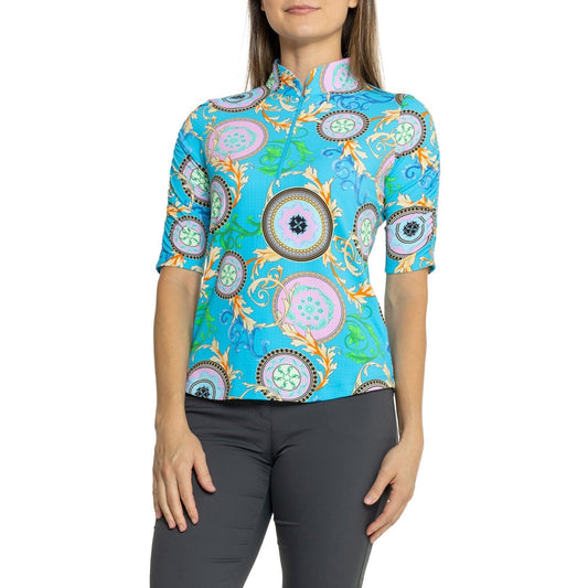 $100 IBKUL Women’s Ruched Elbow Sleeve Mock Golf Top- Debbie Turq- Small - New