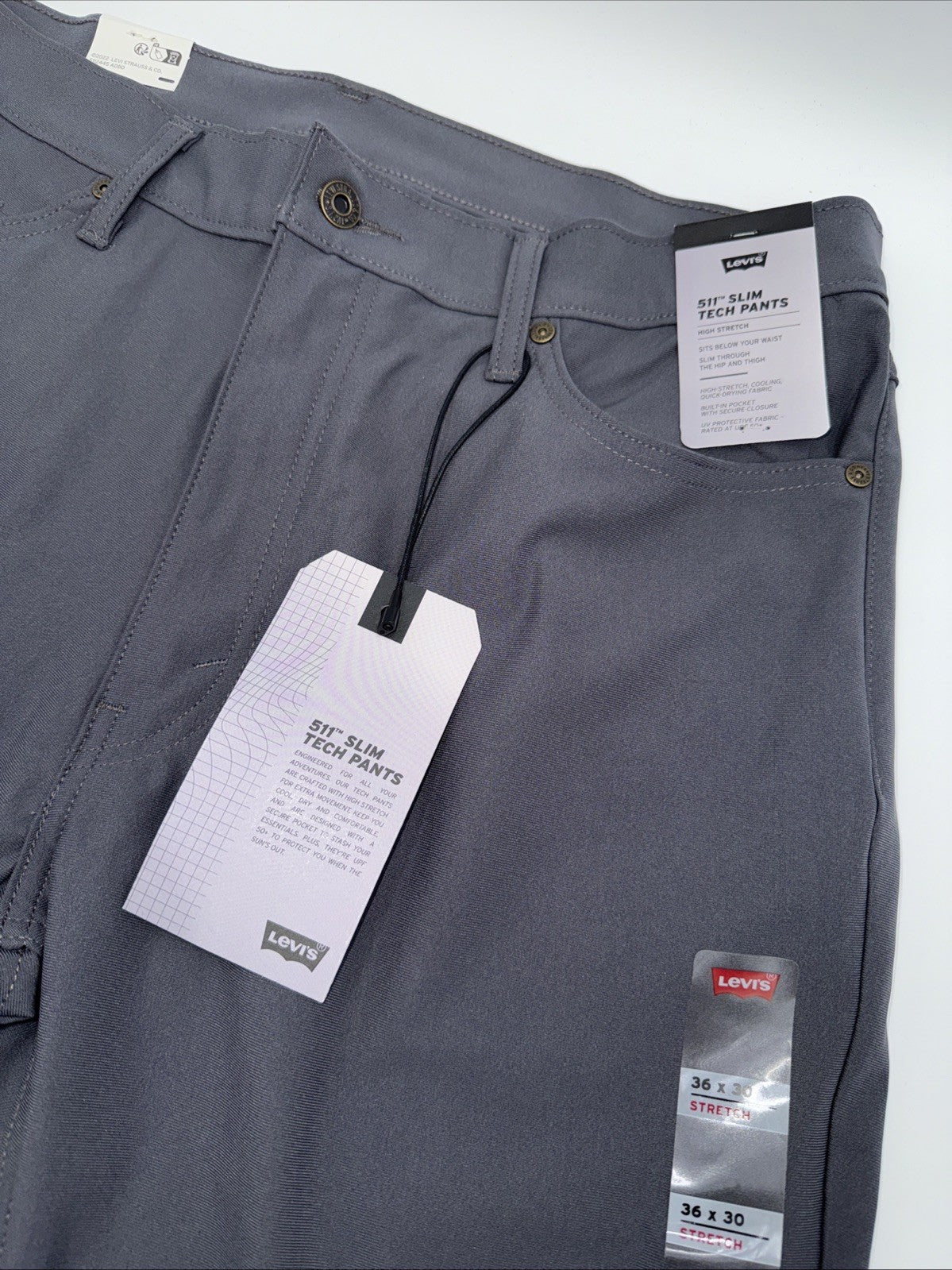$70 Levi's Men's 511 Slim Tech Pants Stretch A92130010- Grey- 36W 30L - New Tag