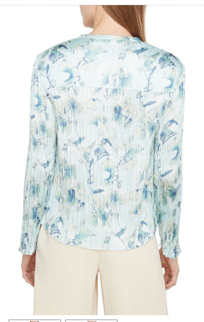 $295 Vince Women’s Floral Crushed Satin Blouse Shirt- Pale Lagoon-Small-New Tag
