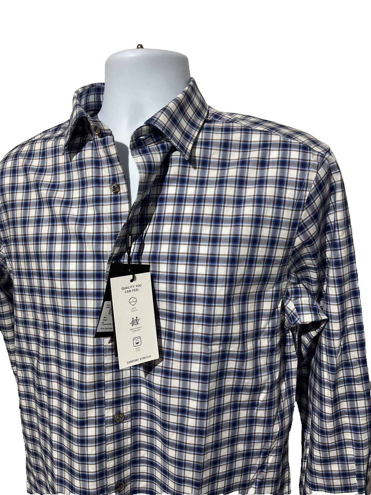 Bugatchi Uomo Men’s Plaid Dress Shirt Long Sleeve -Blue White-Medium- New $149