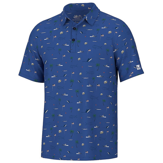 $55 Huk Men's Pursuit Beach Freedom Print Polo - Blue - Medium - New With Tags