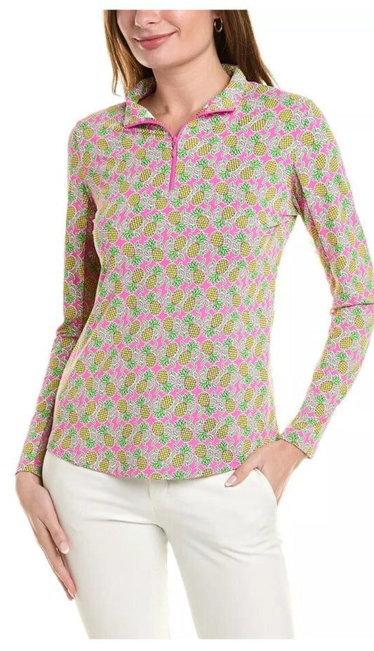 $100 Ibkul Women’s Long Sleeve Zip Mock Neck Top-Chantal Pink/Lime-Medium-New