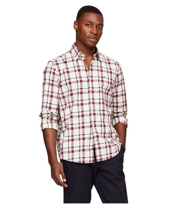 Tommy Hilfiger Men’s Global Striped Check Shirt- Deep Rouge- Small