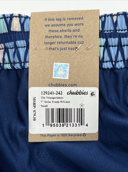 Chubbies Men's Stretch Swim Trunks 7”- The Triangu laters-Blue- Small -New $80