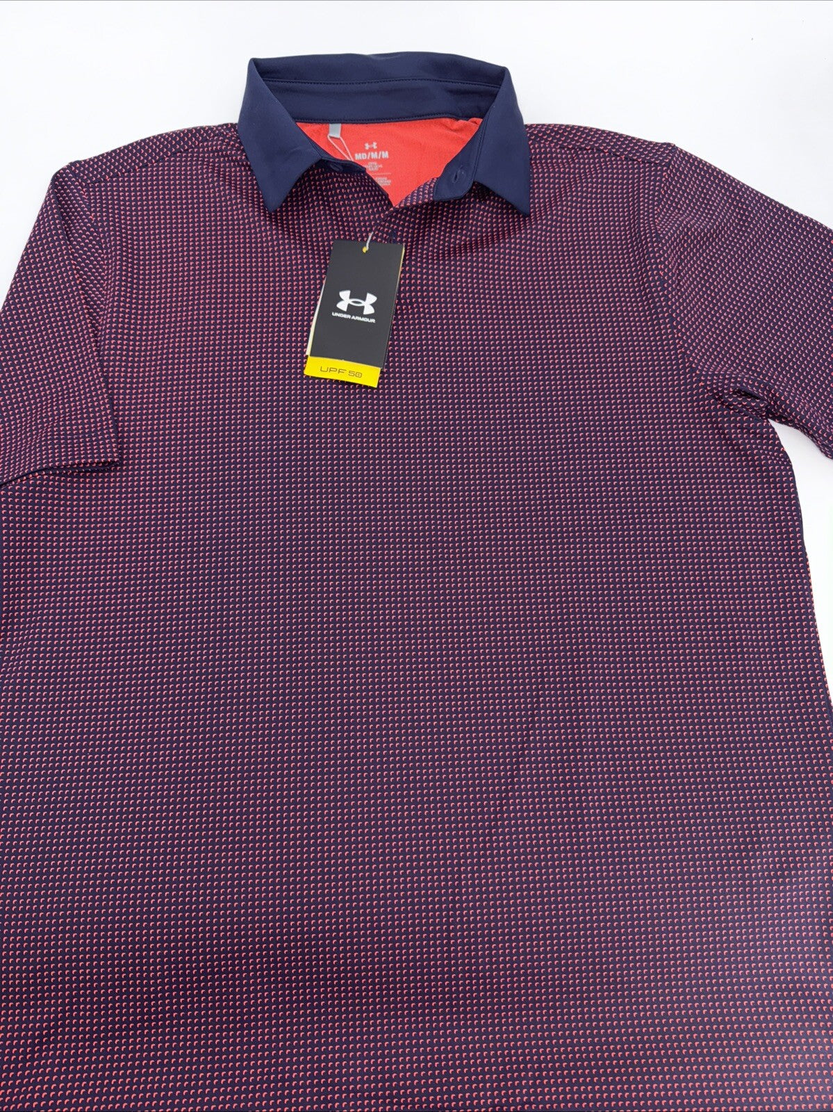 $78 Under Armour Golf Men's T2 Half Moon Polo Shirt- Navy/Orange- Small-New Tag