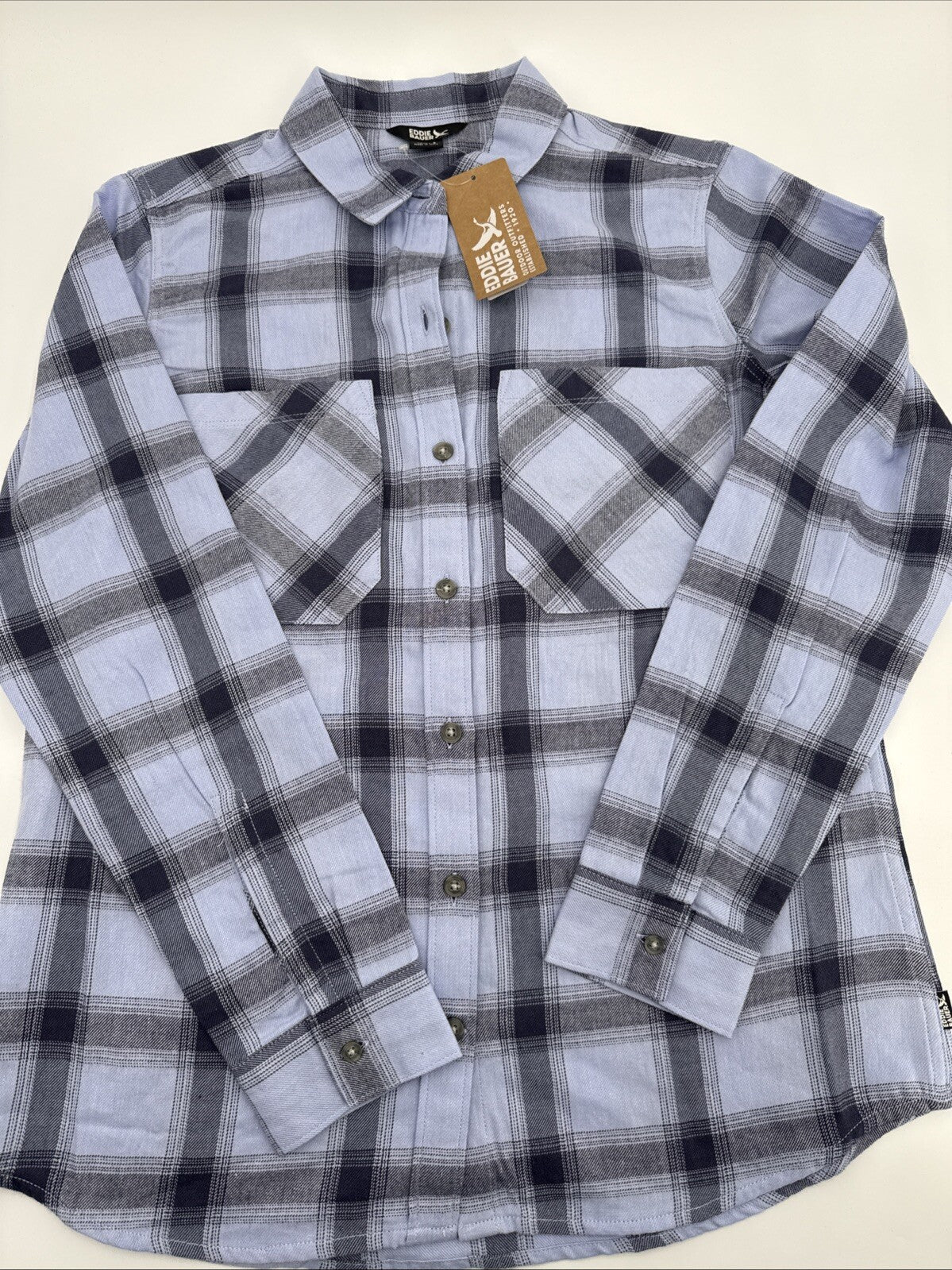 $55 Eddie Bauer Women’s Flannel Button Front Shirt Plaid-Periwinkle-Small-NEW