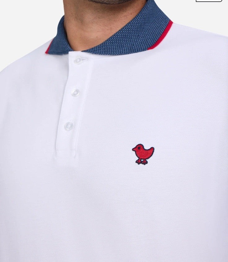 $84 Bad Birdie Men’s Pique Golf Polo Shirt- White/Navy/Red- Medium- New Tags