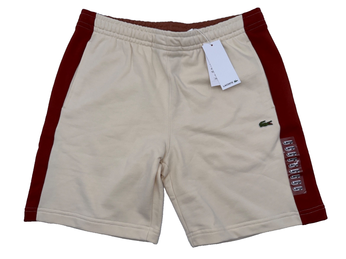 $85 Lacoste Men's Cotton Fleece Colorblock Shorts - White/Brown - Large - New